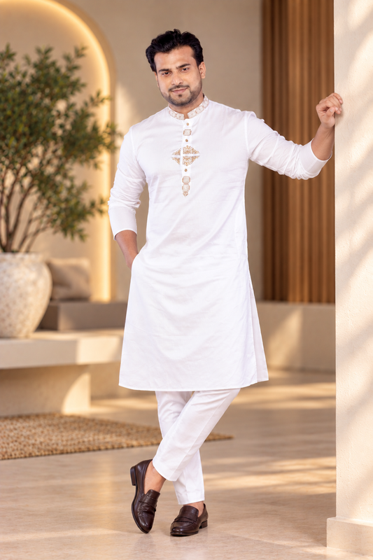 White Hand Embroidered Giza Cotton Kurta for Men (Only Kurta)