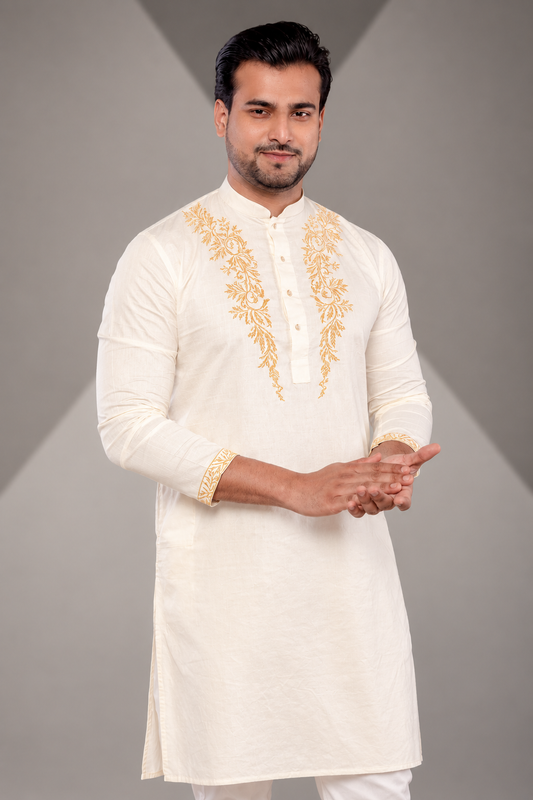Cream Giza Cotton Self Work Kurta (Only Kurta)