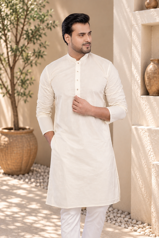 Men's Cream Paper Cotton Plain Kurta (Only Kurta)