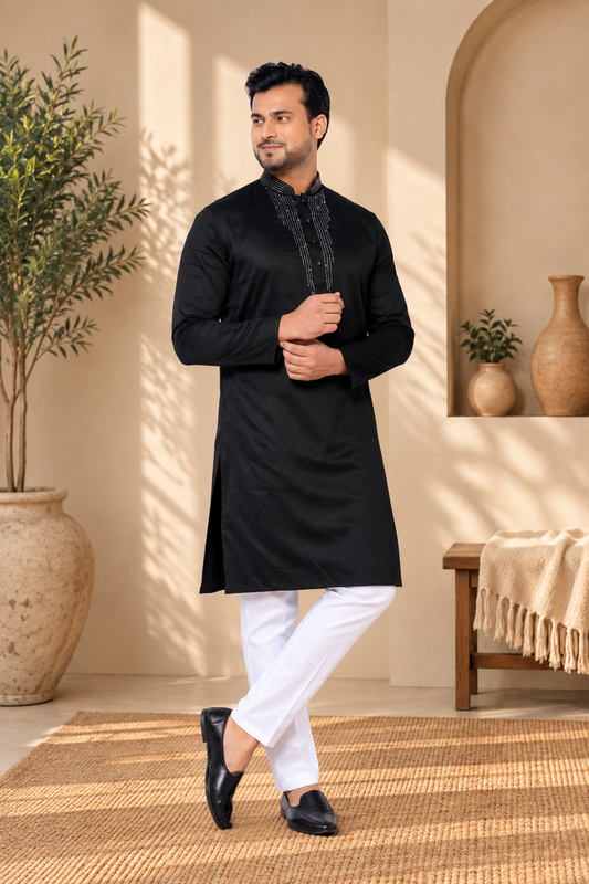 Embroidered Black Giza Cotton Kurta (Only Kurta)