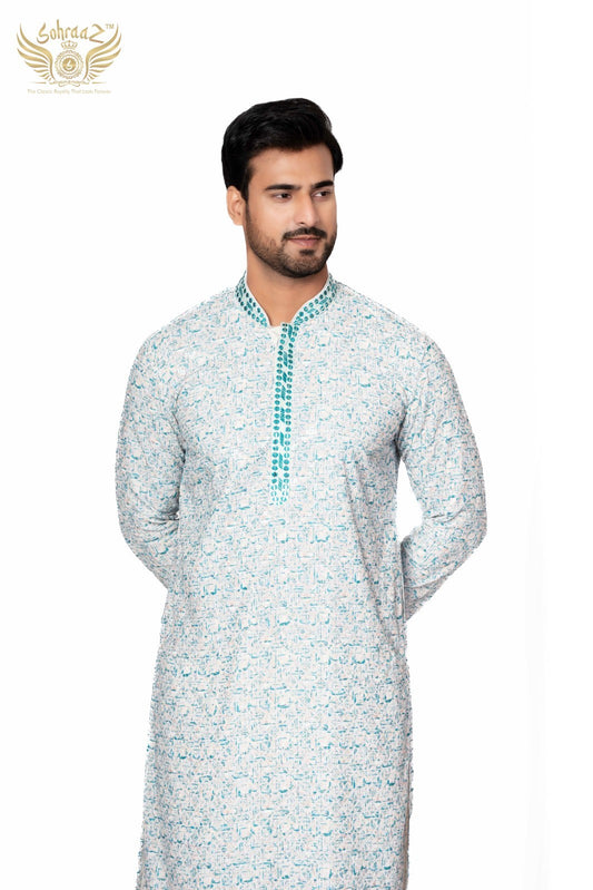 Ocean Print – Aqua Blue Cotton Sequin Printed Kurta
