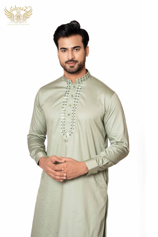 Glint Green – Pastel Giza Cotton Mirror Work Kurta
