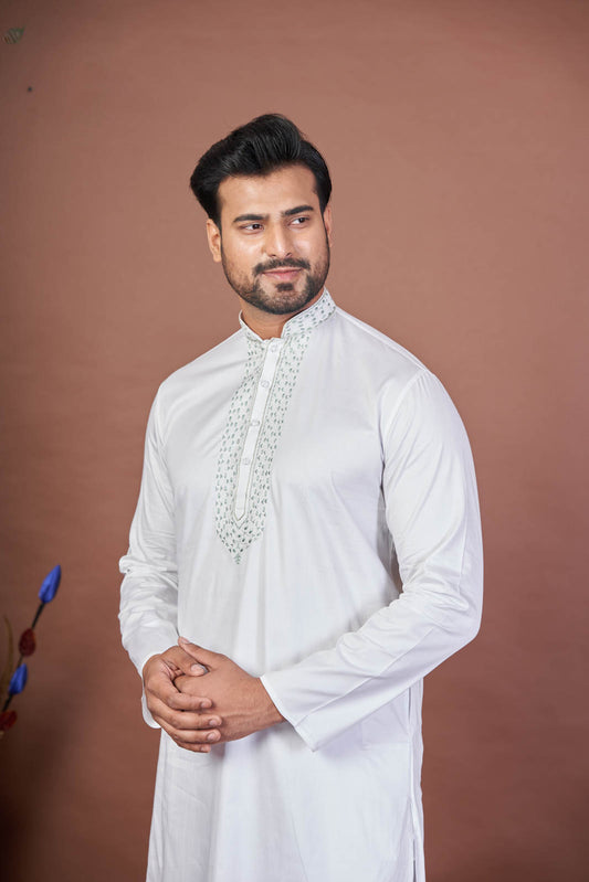 White Giza Cotton Kurta with Embroidery