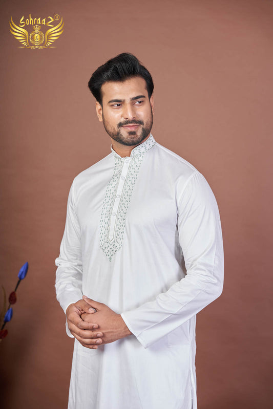 White Giza Cotton Kurta with Embroidery