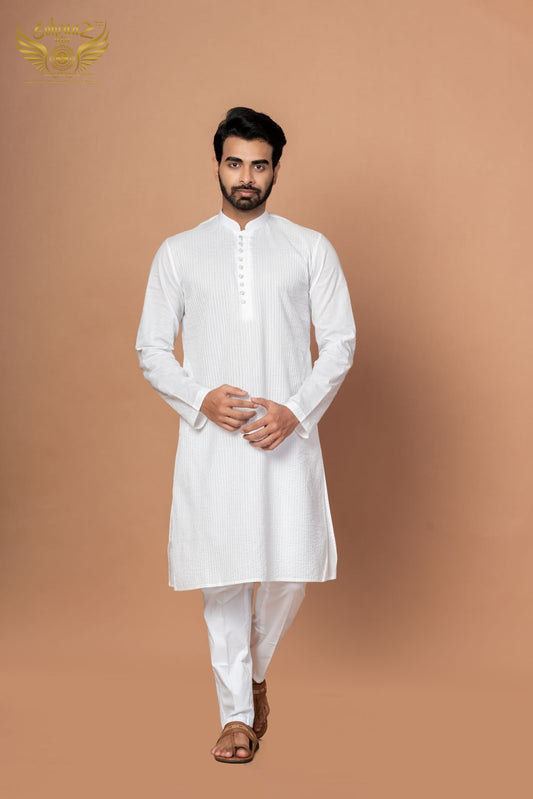 Pure White Cotton Kurta with Premium Thread Embroidery (Only Kurta)