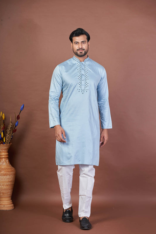 Sky Spark – Sky Blue Giza Cotton Mirror Work Kurta