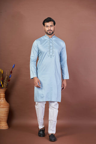 Sky Spark – Sky Blue Giza Cotton Mirror Work Kurta
