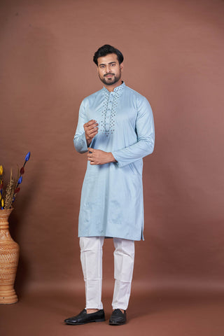 Sky Spark – Sky Blue Giza Cotton Mirror Work Kurta