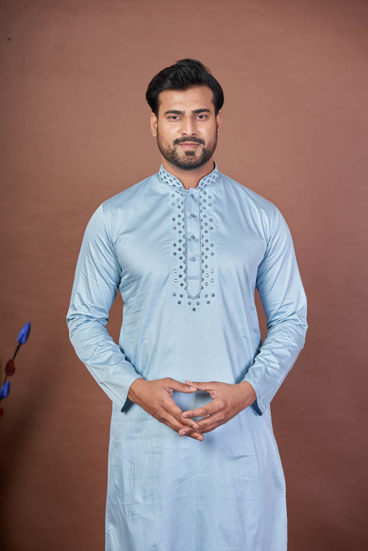 Sky Spark – Sky Blue Giza Cotton Mirror Work Kurta