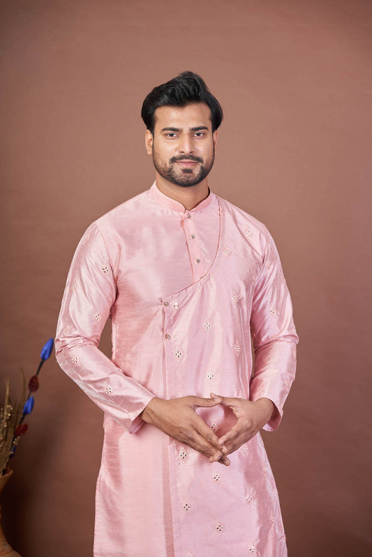 Royal Pink Sparkle – Premium Dupion Silk Mirror Work Kurta