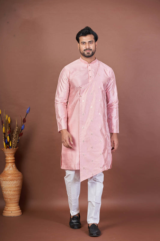 Royal Pink Sparkle – Premium Dupion Silk Mirror Work Kurta