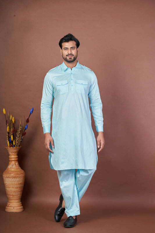 Aqua Royal Pathani – Premium Giza Cotton Plain Pathani Set