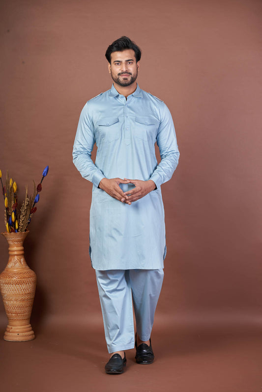 Sky Noble Pathani – Premium Giza Cotton Plain Set