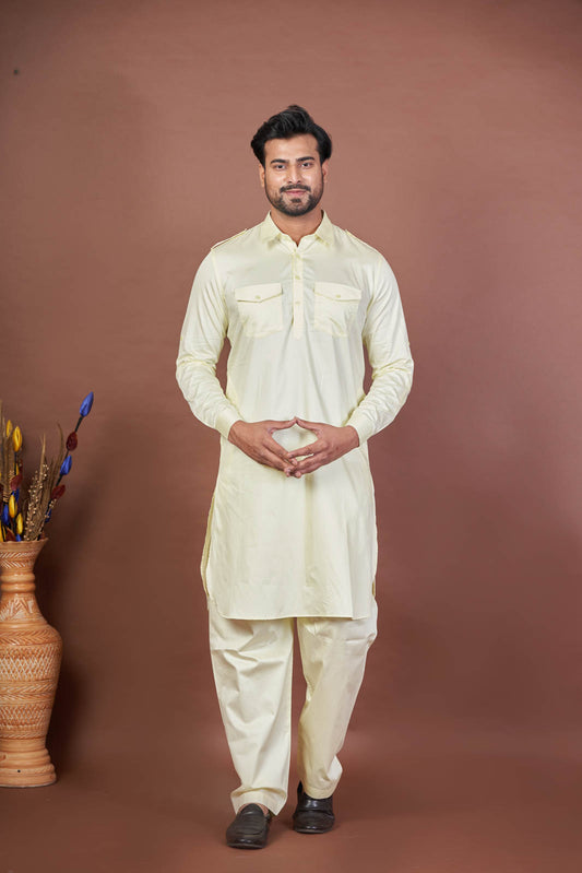 Lemon Drop Pathani – Luxury Giza Cotton Plain Set