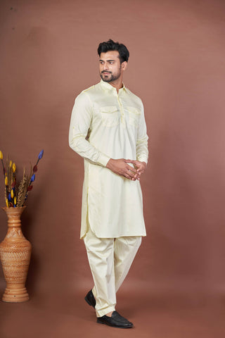 Lemon Drop Pathani – Luxury Giza Cotton Plain Set