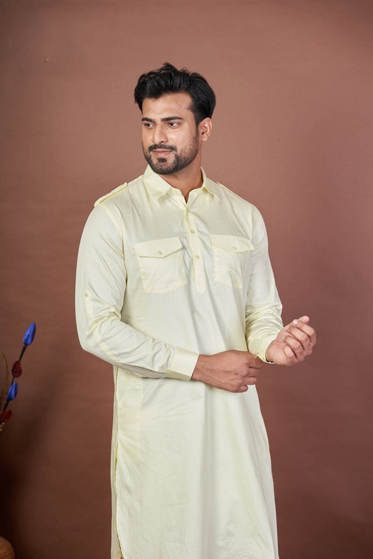 Lemon Drop Pathani – Luxury Giza Cotton Plain Set