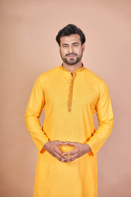 Yellow Royal – Luxury Cotton Embroidered Kurta