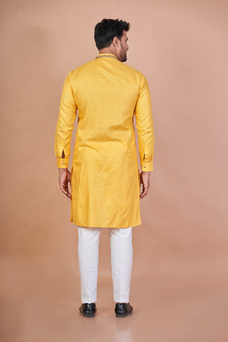 Saffron Touch – Yellow Cotton Blend Kurta with Hand Embroidery