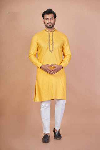Saffron Touch – Yellow Cotton Blend Kurta with Hand Embroidery