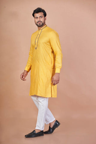 Saffron Touch – Yellow Cotton Blend Kurta with Hand Embroidery