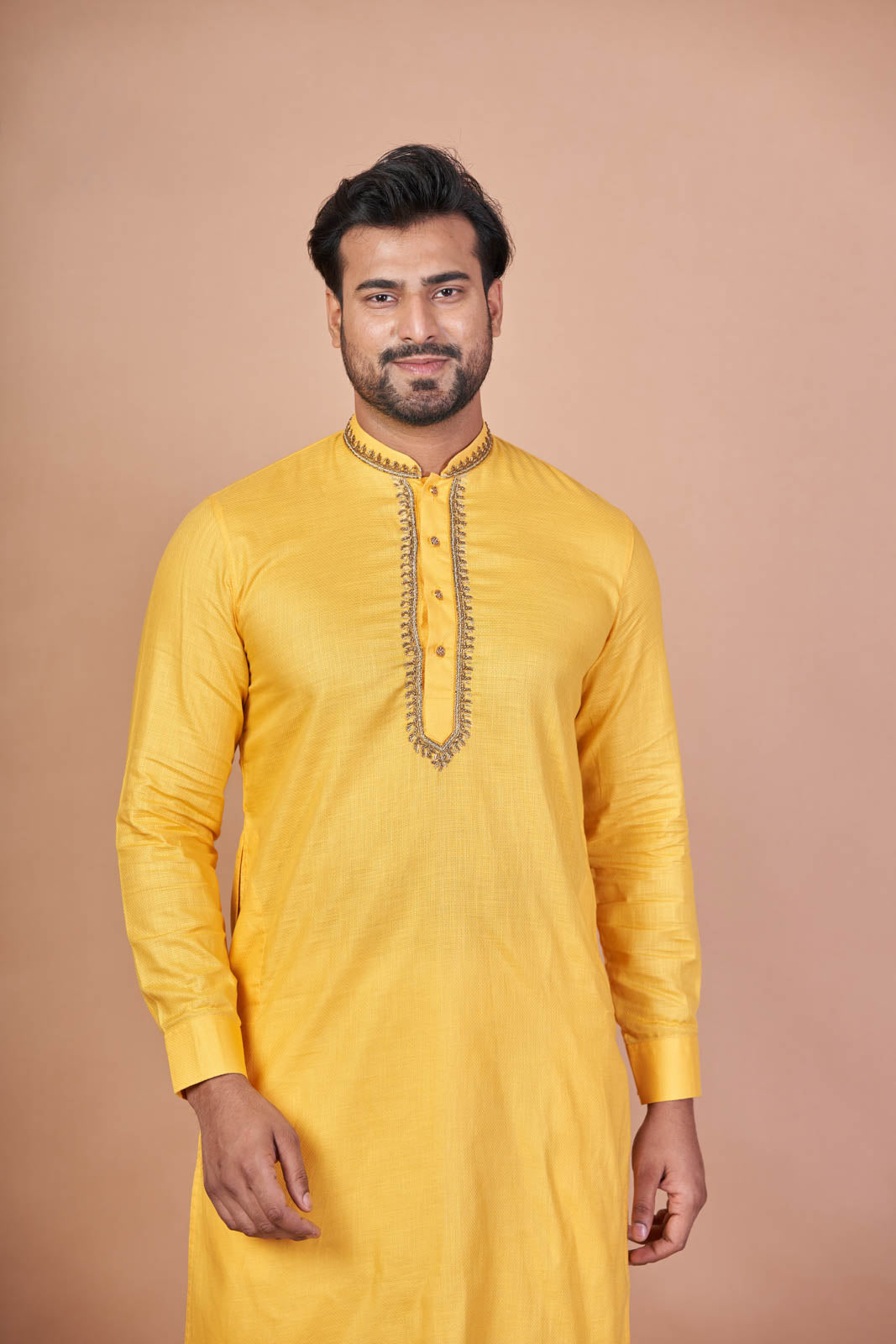 Saffron Touch – Yellow Cotton Blend Kurta with Hand Embroidery