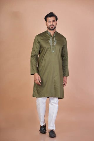 Emerald Stitch – Green Giza Cotton Hand Embroidered Kurta