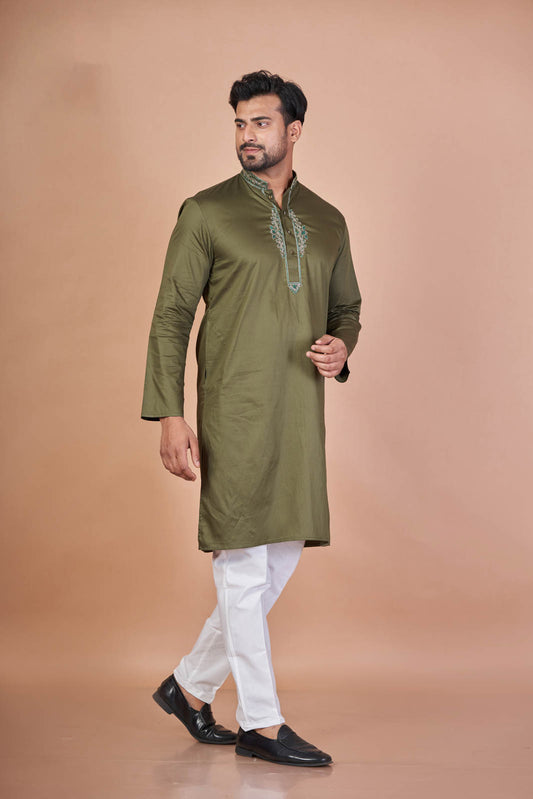 Emerald Stitch – Green Giza Cotton Hand Embroidered Kurta