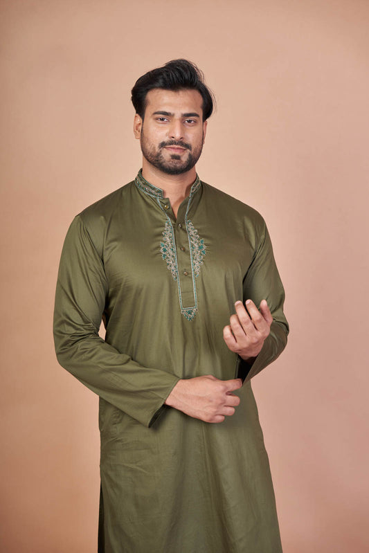 Emerald Stitch – Green Giza Cotton Hand Embroidered Kurta