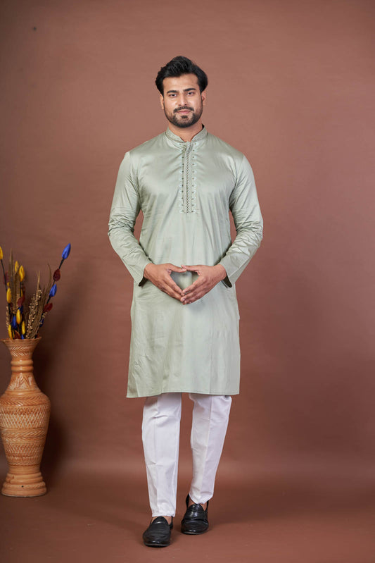 Green Serene – Luxury Giza Cotton Hand Embroidered Kurta