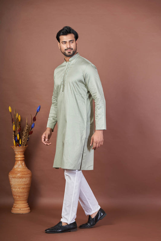Green Serene – Luxury Giza Cotton Hand Embroidered Kurta