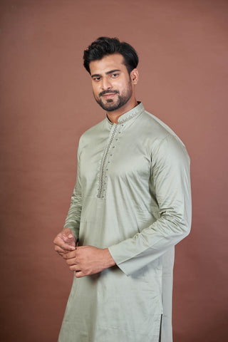Green Serene – Luxury Giza Cotton Hand Embroidered Kurta