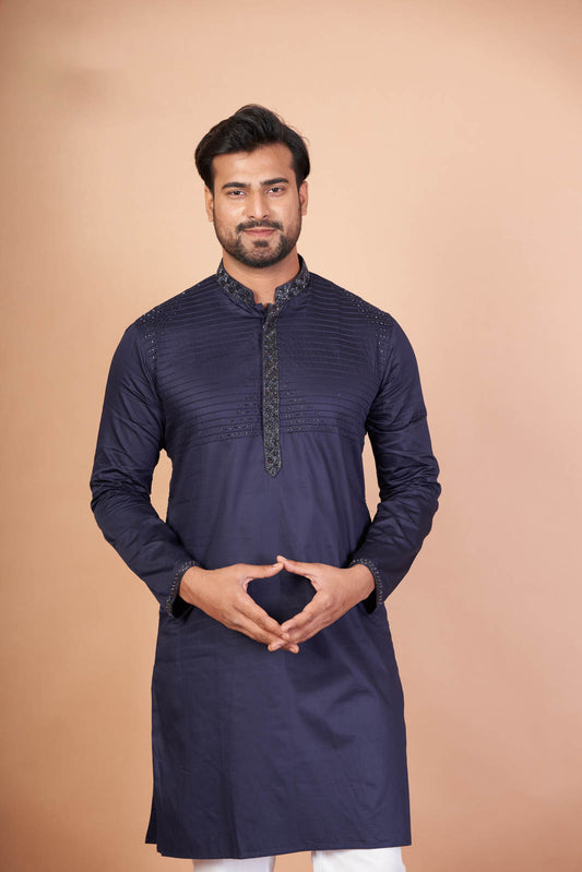 Handcrafted Navy Blue Kurta – Giza Cotton with Embroidery