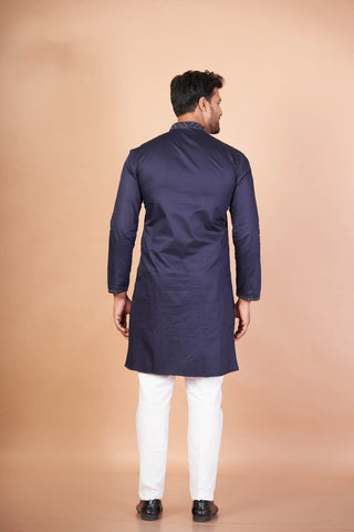 Handcrafted Navy Blue Kurta – Giza Cotton with Embroidery