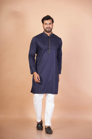Handcrafted Navy Blue Kurta – Giza Cotton with Embroidery