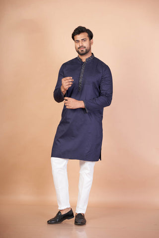 Handcrafted Navy Blue Kurta – Giza Cotton with Embroidery