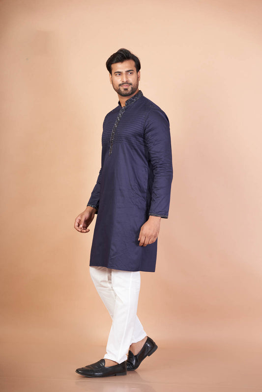 Handcrafted Navy Blue Kurta – Giza Cotton with Embroidery