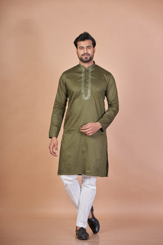 Emerald Spark – Green Giza Cotton Mirror Work Kurta