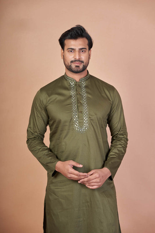 Emerald Spark – Green Giza Cotton Mirror Work Kurta