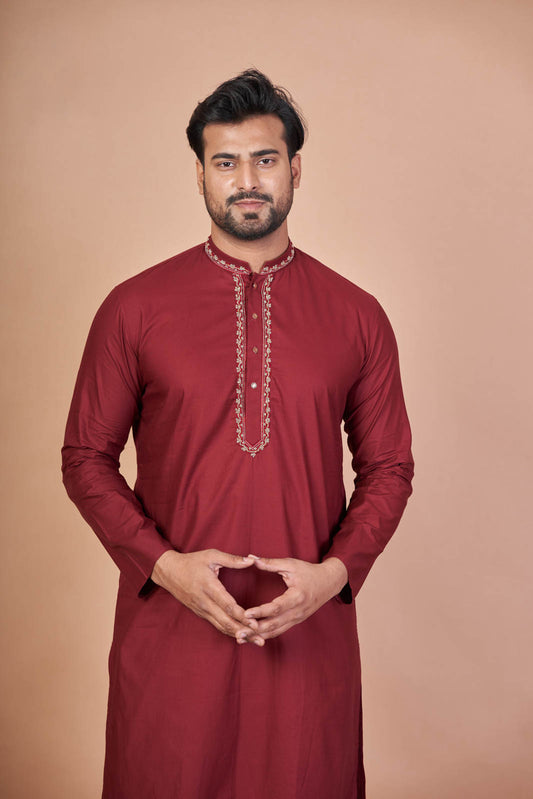 Royal Ember – Maroon Giza Cotton Hand Embroidered Kurta