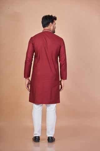 Royal Ember – Maroon Giza Cotton Hand Embroidered Kurta