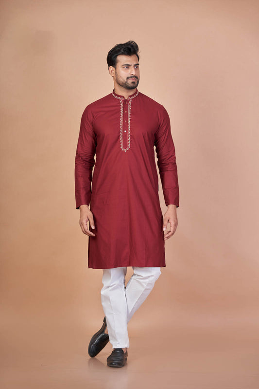 Royal Ember – Maroon Giza Cotton Hand Embroidered Kurta