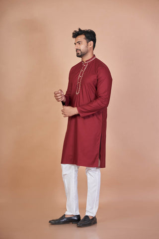 Royal Ember – Maroon Giza Cotton Hand Embroidered Kurta
