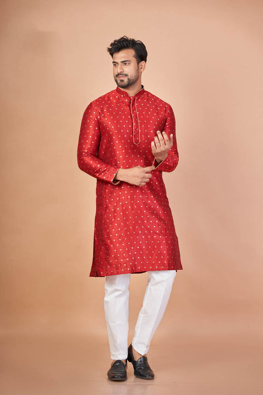 Dupion Royal – Red Self Work Kurta