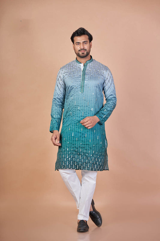 Green Sparkle – Mix Cotton Mirror Work Kurta