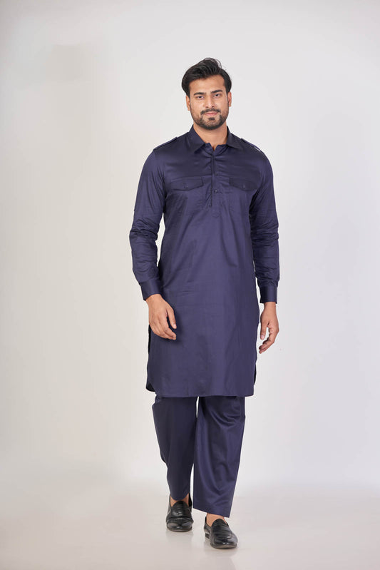 Blue Heritage – Giza Cotton Plain Pathani Set