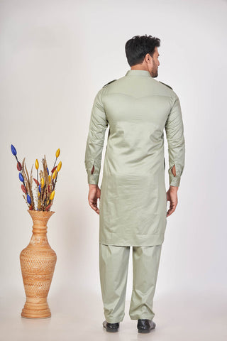 Satin Pathani – Olive Green Giza Cotton Plain Set