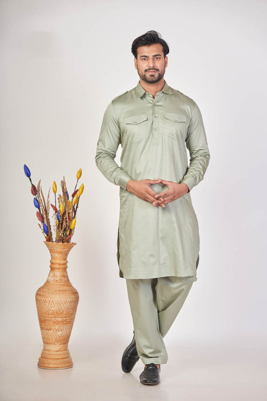 Satin Pathani – Olive Green Giza Cotton Plain Set