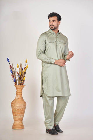 Satin Pathani – Olive Green Giza Cotton Plain Set