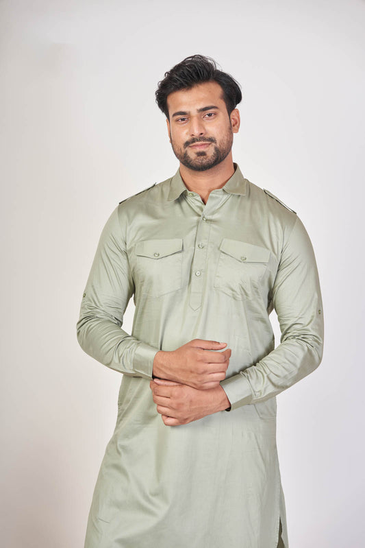Satin Pathani – Olive Green Giza Cotton Plain Set