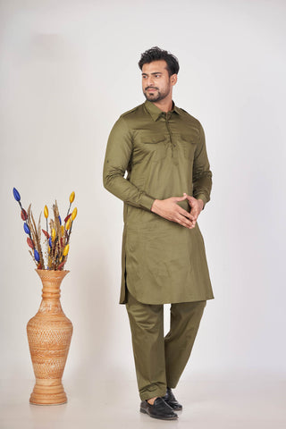 Mehendi Royal – Giza Cotton Plain Pathani Set